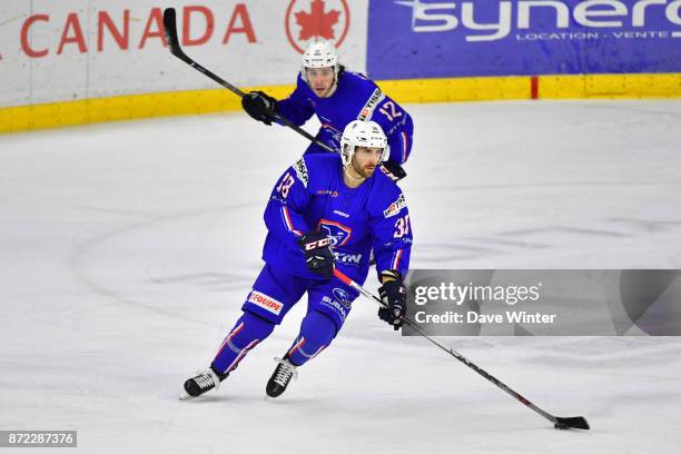 Thomas Roussel of France and Valentin Claireaux of France during the EIHF Ice Hockey Four Nations tournament match between France and Slovenia on...