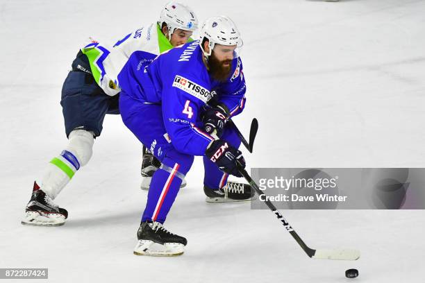 Antonin Manavian of France and Ziga Jeglic of Slovenia during the EIHF Ice Hockey Four Nations tournament match between France and Slovenia on...