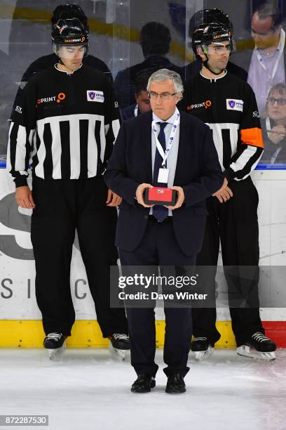 President of the French ice hockey federation Luc Tardif during the EIHF Ice Hockey Four Nations tournament match between France and Slovenia on...