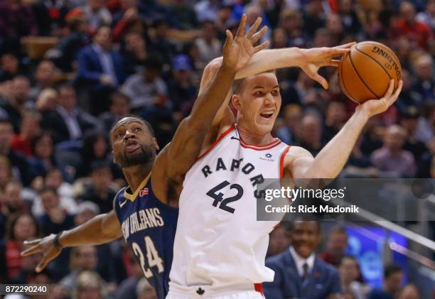 New Orleans Pelicans guard Tony Allen draws a foul as Toronto Raptors center Jakob Poeltl looks to pass. Toronto Raptors vs New Orleans Pelicans in...