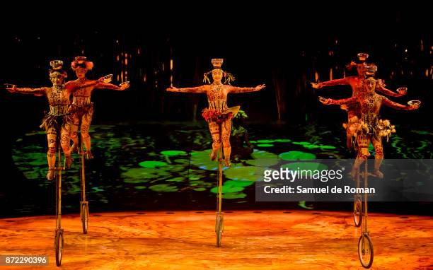 Cast perform during a performance of 'Cirque Du Soleil: Totem' in Madrid on November 9, 2017 in Madrid, Spain.