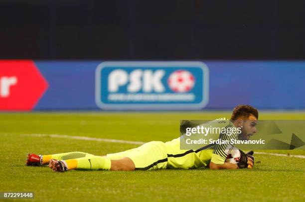 Goalkeeper Orestis Karnezis of Greece during the FIFA 2018 World Cup Qualifier Play-Off: First Leg between Croatia and Greece at Stadion Maksimir on...