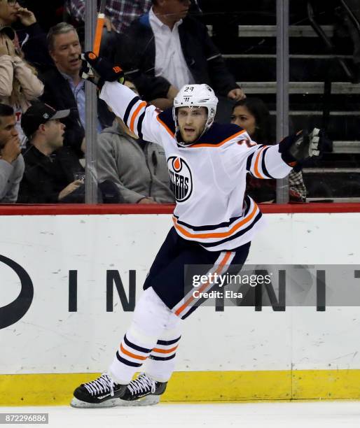 Leon Draisaitl of the Edmonton Oilers celebrates his game winning goal in overtime against the New Jersey Devils on November 9, 2017 at Prudential...