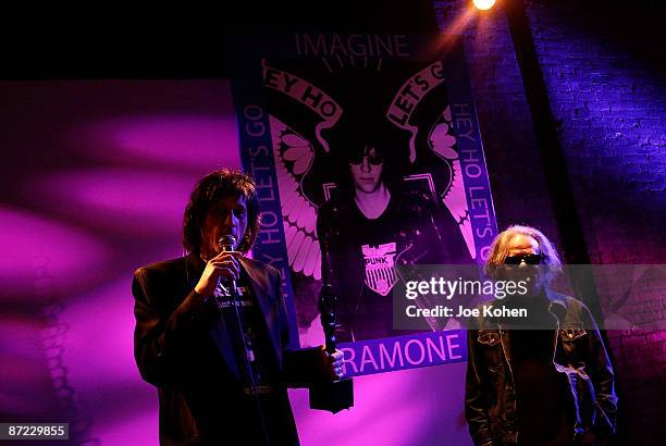 Mickey Leigh and Tommy Ramone attend the re-presentation of Joey Ramone's Rock & Roll Hall of Fame Induction Award at Rock & Roll Hall of Fame Annex...