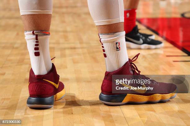 The shoes worn by Kevin Love of the Cleveland Cavaliers are seen during the game against the Houston Rockets on November 9, 2017 at Toyota Center in...