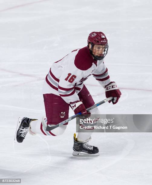 Cale Makar of the Massachusetts Minutemen skates against the Providence College Friars during NCAA hockey at the Mullins Center on November 9, 2017...