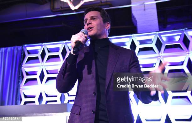 Entertainer of the Year Jonathan Groff speaks on stage during OUT Magazine #OUT100 Event presented by Lexus at the the Altman Building on November 9,...