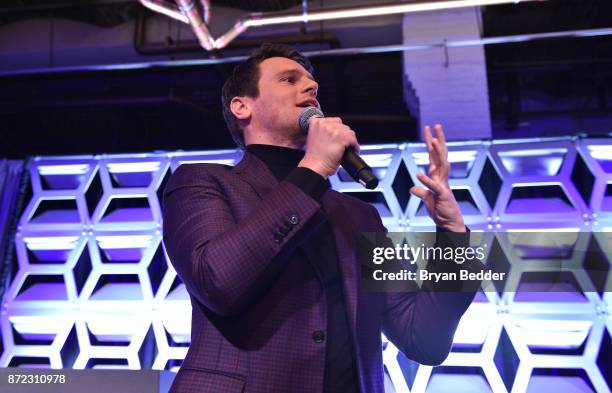 Entertainer of the Year Jonathan Groff speaks on stage during OUT Magazine #OUT100 Event presented by Lexus at the the Altman Building on November 9,...