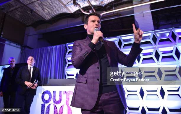 Entertainer of the Year Jonathan Groff speaks on stage during OUT Magazine #OUT100 Event presented by Lexus at the the Altman Building on November 9,...