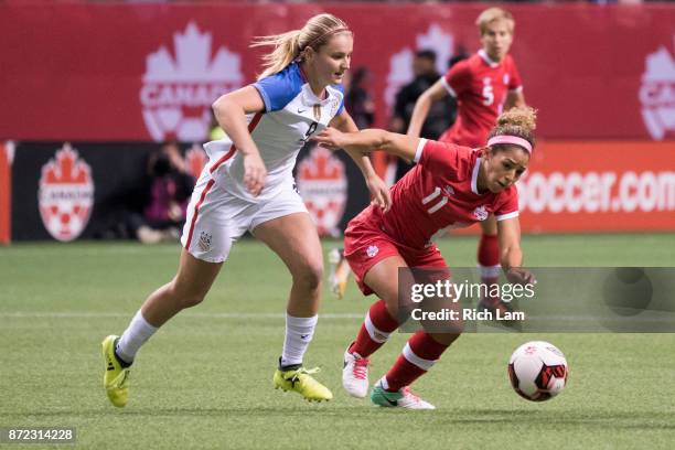 Lindsey Horan of the United States and Desiree Scott of Canada battles for the loose ball during International Friendly soccer match action at BC...