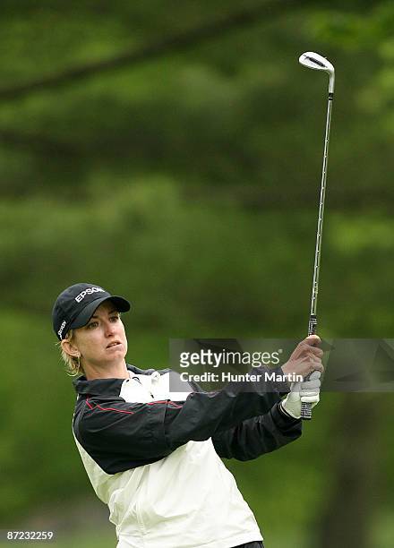 Karrie Webb of Australia hits her third shot on the 11th hole during the first round of the Sybase Classic presented by ShopRite at Upper Montclair...