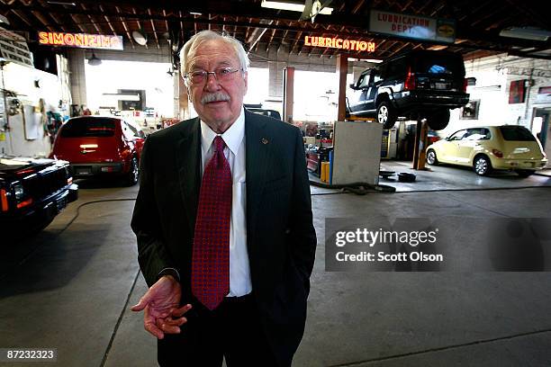 Eighty-five-year-old owner Stanley Balzekas stands in the service department at his Balzekas Chrysler dealership May 14, 2009 in Chicago, Illinois....