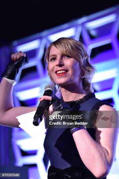 Newsmaker of the Year Chelsea Manning speaks on stage during OUT Magazine #OUT100 Event presented by Lexus at the the Altman Building on November 9,...