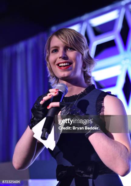 Newsmaker of the Year Chelsea Manning speaks on stage during OUT Magazine #OUT100 Event presented by Lexus at the the Altman Building on November 9,...