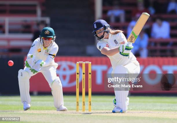 Sophie Ecclestone of England bats during day two of the Women's Test match between Australia and England at North Sydney Oval on November 10, 2017 in...