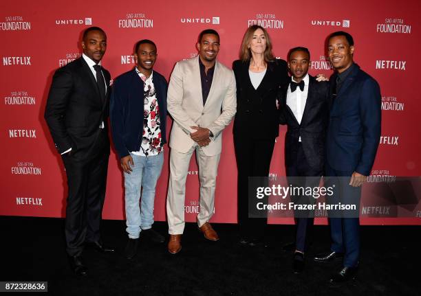 Anthony Mackie, Malcolm David Kelley, Laz Alonso, honoree Kathryn Bigelow, Algee Smith, and Tyler James Williams attend the SAG-AFTRA Foundation...