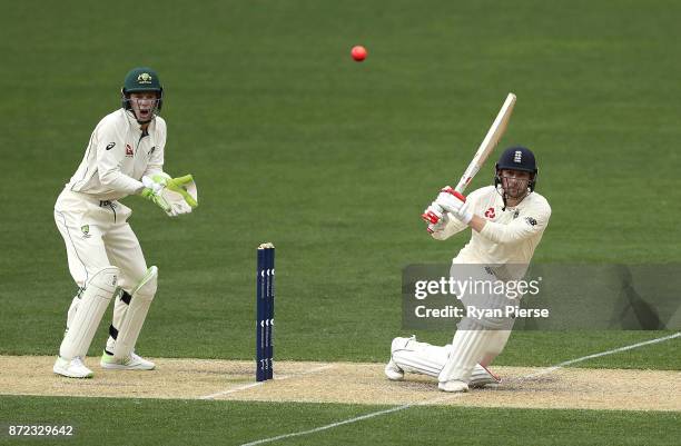 Mark Stoneman of England bats as Tim Paine of CA XI keeps wicket during day three of the four day tour match between Cricket Australia XI and England...