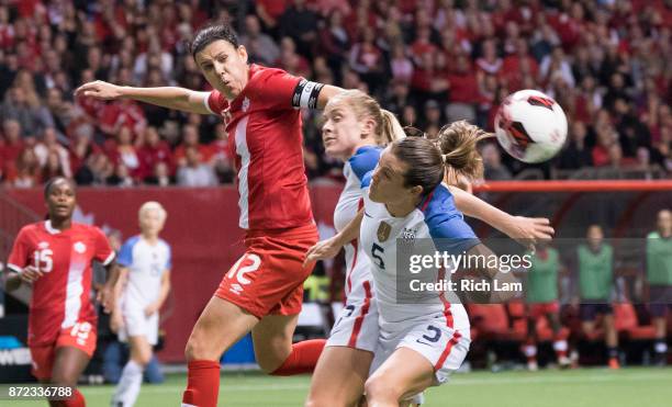 Christine Sinclair of Canada watches the ball sail past Abby Dahlkemper and Kelley O'Hara of the United States during International Friendly soccer...