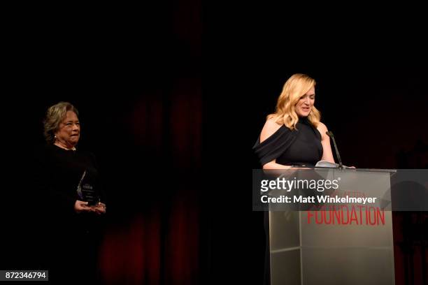Honoree Kate Winslet accepts the Actors Inspiration Award from Kathy Bates onstage at the SAG-AFTRA Foundation Patron of the Artists Awards 2017 at...