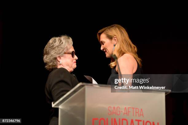 Honoree Kate Winslet accepts the Actors Inspiration Award from Kathy Bates onstage at the SAG-AFTRA Foundation Patron of the Artists Awards 2017 at...