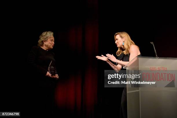 Honoree Kate Winslet accepts the Actors Inspiration Award from Kathy Bates onstage at the SAG-AFTRA Foundation Patron of the Artists Awards 2017 at...