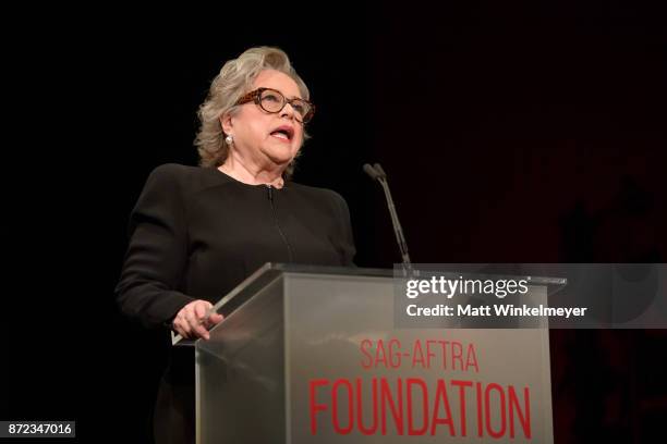 Kathy Bates speaks onstage at the SAG-AFTRA Foundation Patron of the Artists Awards 2017 at the Wallis Annenberg Center for the Performing Arts on...