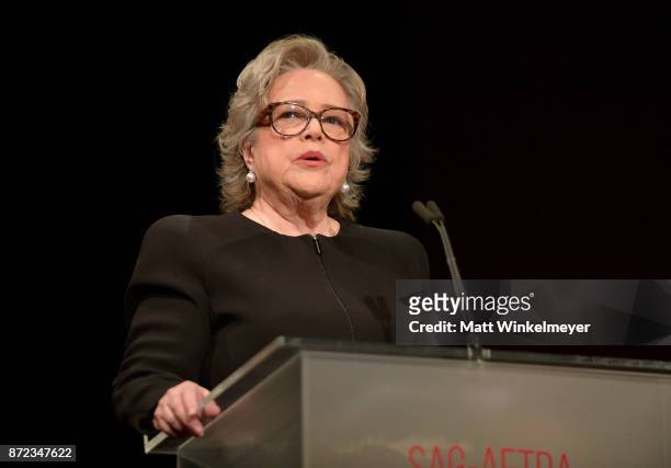 Kathy Bates speaks onstage at the SAG-AFTRA Foundation Patron of the Artists Awards 2017 at the Wallis Annenberg Center for the Performing Arts on...