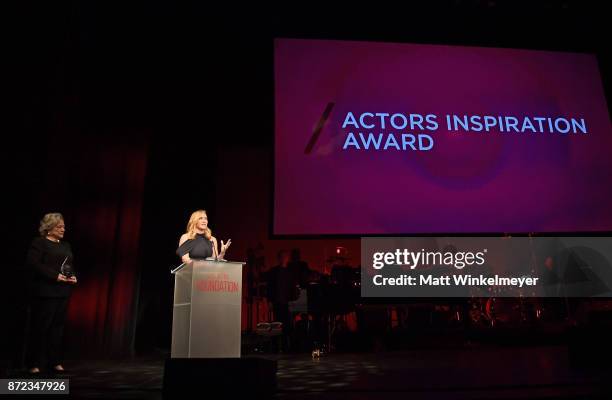 Honoree Kate Winslet accepts Actors Inspiration Award from Kathy Bates onstage at the SAG-AFTRA Foundation Patron of the Artists Awards 2017 at the...