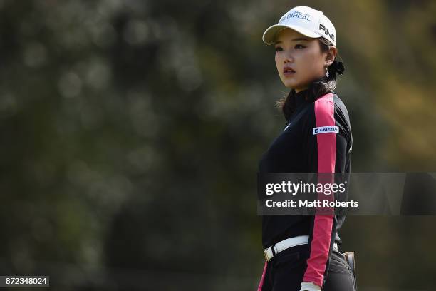 Yuting Seki of China watches her approach shot on the 3rd hole during the first round of the Itoen Ladies Golf Tournament 2017 at the Great Island...
