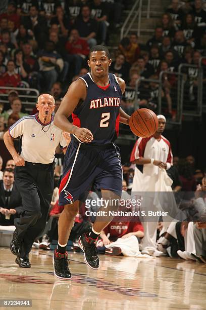 Joe Johnson of the Atlanta Hawks moves the ball against the Cleveland Cavaliers in Game One of the Eastern Conference Semifinals during the 2009 NBA...