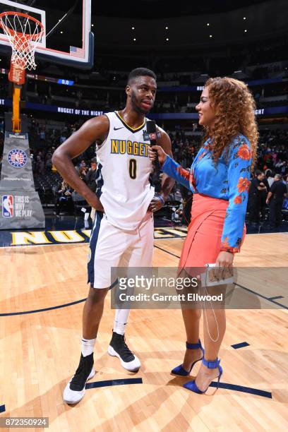 Emmanuel Mudiay of the Denver Nuggets is interviewed by Rosalyn Gold-Onwude after defeating the Oklahoma City Thunder on November 9, 2017 at the...