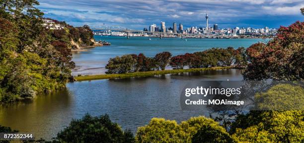 auckland city and harbour bridge in summer - auckland city busy stockfoto's en -beelden