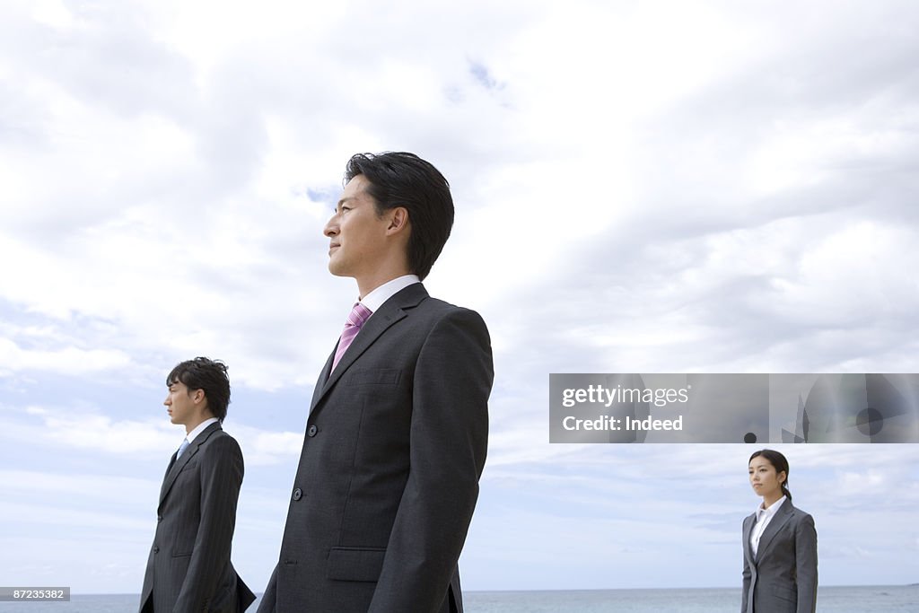 Businessmen and woman standing on beach