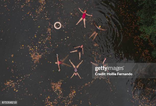 wild swimming women's group autumnal swim ariel view - pond stock pictures, royalty-free photos & images
