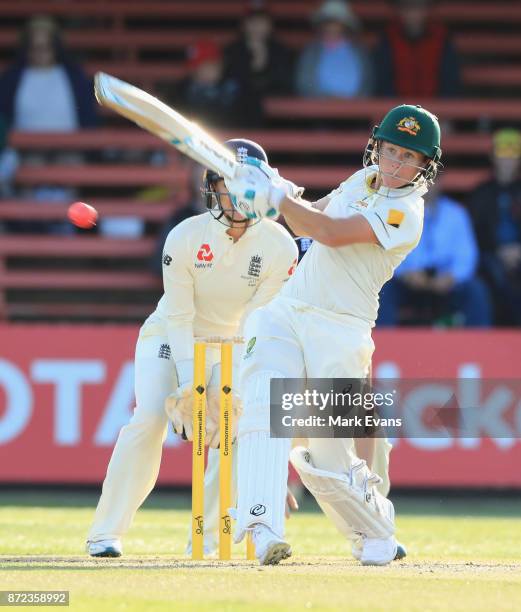 Beth Mooney of Australia hits to deep mid wicket and is caught by Natalie Sciver off the bowling of Sophie Ecclestone during day two of the Women's...