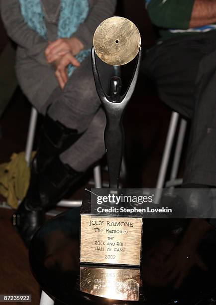 Joey Ramone's induction award is shown at the induction ceremony at the Rock & Roll Hall of Fame Annex NYC on May 14, 2009 in New York City.