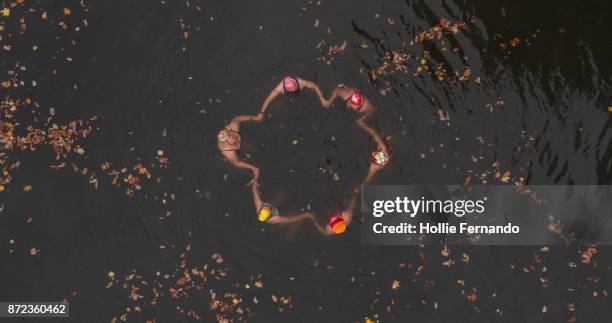 wild swimming women's group autumnal swim ariel view - medium group of people stock pictures, royalty-free photos & images