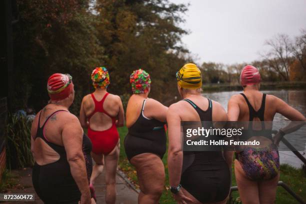 wild swimming women's group autumnal swim - ハムステッド ストックフォトと画像