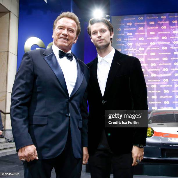 Actor Arnold Schwarzenegger and his son Patrick Schwarzenegger arrive for the GQ Men of the year Award 2017 at Komische Oper on November 9, 2017 in...