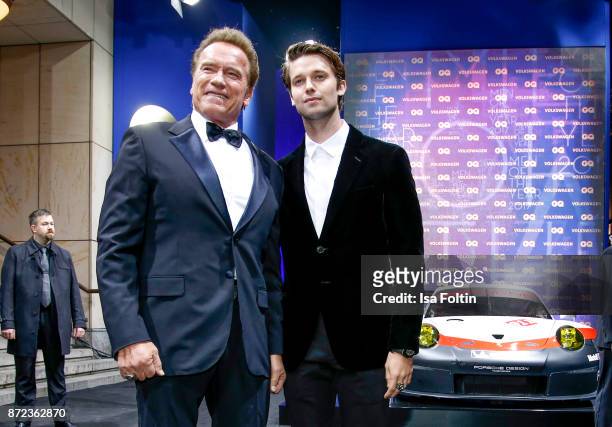 Actor Arnold Schwarzenegger and his son Patrick Schwarzenegger arrive for the GQ Men of the year Award 2017 at Komische Oper on November 9, 2017 in...