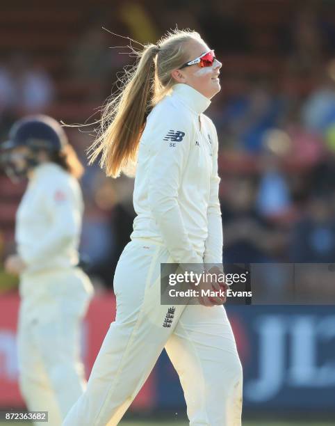 Sophie Ecclestone of England during day two of the Women's Test match between Australia and England at North Sydney Oval on November 10, 2017 in...
