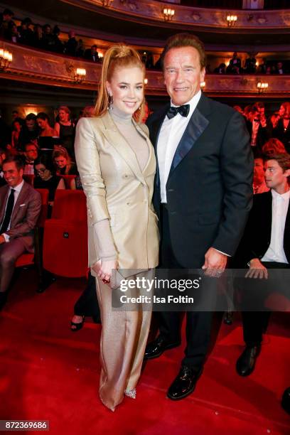 German presenter Palina Rojinski and US actor Arnold Schwarzenegger during the GQ Men of the year Award 2017 show at Komische Oper on November 9,...