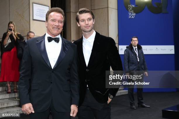 Arnold Schwarzenegger and his son Patrick Schwarzenegger during the GQ Men of the year Award 2017 at Komische Oper on November 9, 2017 in Berlin,...