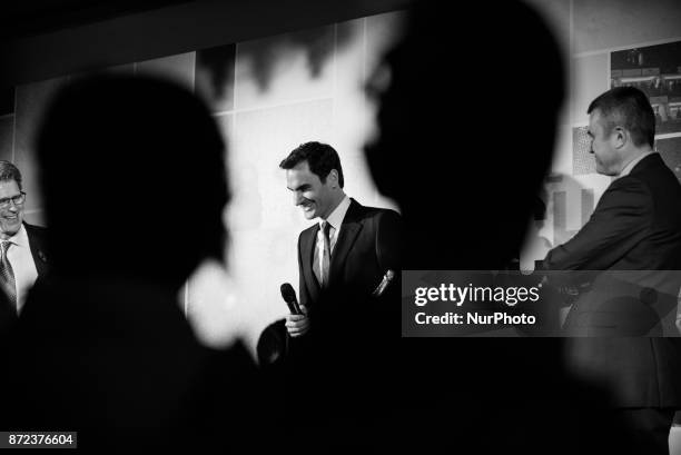 Roger Federer of Switzerland talks at The Official Launch for ATP Finals is held at the Tower of Lindon prior to the start of ATP World Tour Finals...