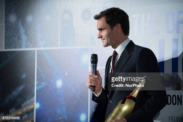 Roger Federer of Switzerland talks at The Official Launch for ATP Finals is held at the Tower of Lindon prior to the start of ATP World Tour Finals...