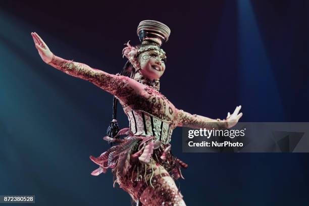 Cast perform during a performance of 'Cirque Du Soleil: Totem' in Madrid on November 9, 2017 in Madrid, Spain. TOTEM is the last circus tent show on...