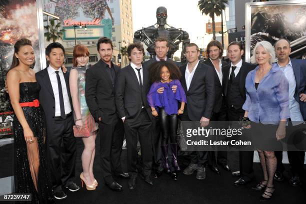 Actress Moon Bloodgood, Warner Bros.' Dan Lin, actors Bryce Dallas Howard, Christian Bale, Anton Yelchin, Jadagrace Gordy, director McG, actor Sam...