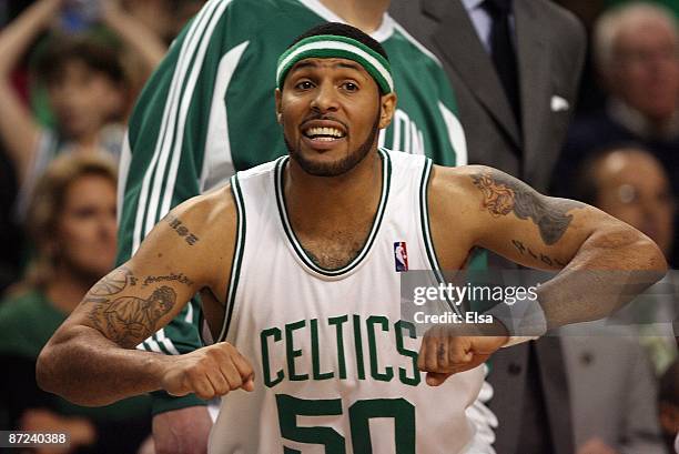 Eddie House of the Boston Celtics encourages his teamamtes from the bench in the fourth quarter against the Orlando Magic in Game Five of the Eastern...