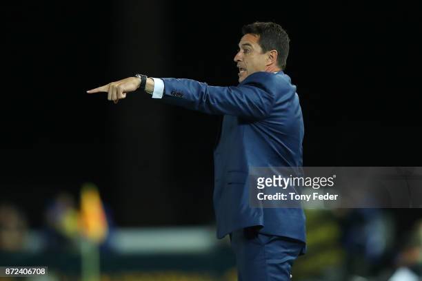 Mariners coach Paul Okon during the round six A-League match between the Central Coast Mariners and Sydney FC at Central Coast Stadium on November...