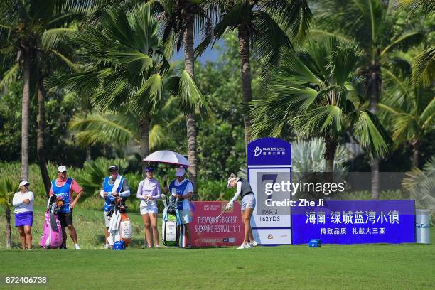 Nelly Korda of United States plays a shot on the 7th hole during the third round of the Blue Bay LPGA at Jian Lake Blue Bay golf course on November...